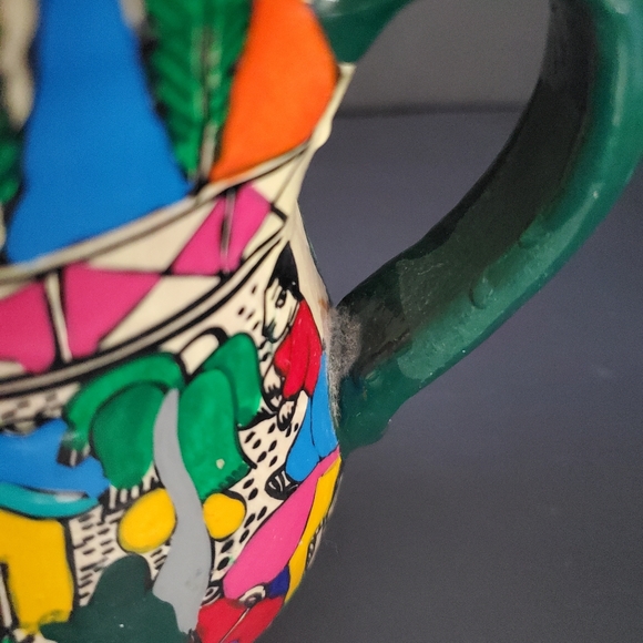 Vintage Mexican Folk Art Handmade Pitcher Jug Colourful Hand Painted Vase 8"H - Picture 4 of 6